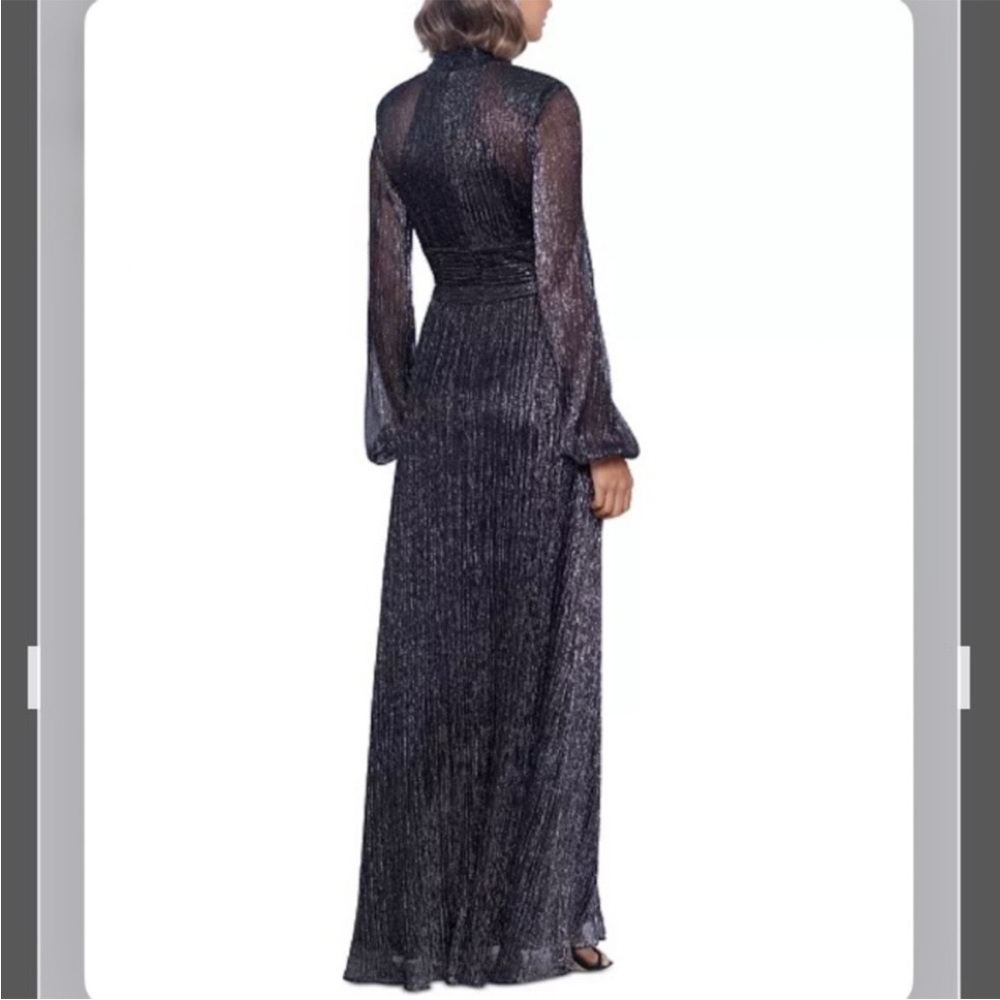 BETSY & ADAM Metallic-Threaded Front-Cutout Sheer Long Sleeve Gown Black/Silver - Picture 2 of 4